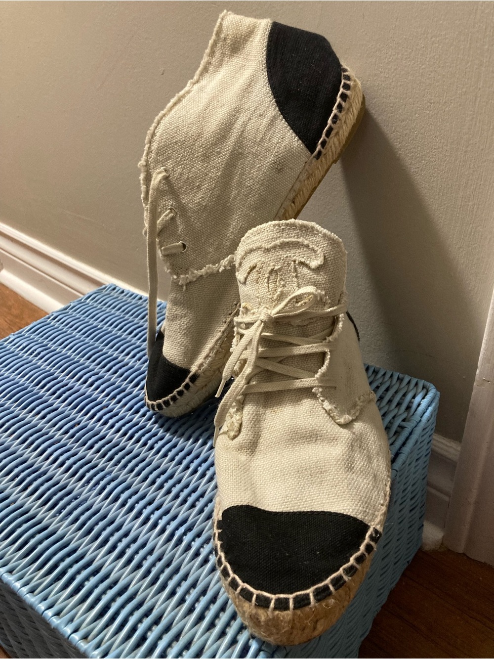 CHANEL Cream Canvas Lace-Up Espadrilles with Black Toe Caps